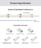 FCOB RGBCCT LED Light Strip 6 Pin 12mm DC24V 960 LEDs RGB CW WW FOB Flexible COB Linear Lights High Density RA90 Dimmable Strip