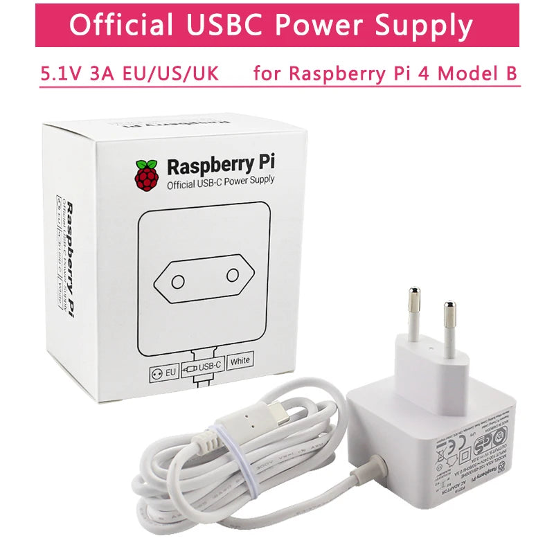Original Raspberry Pi 4 Official USB-C Power Supply 5.1V 3A White Power Charger Power Adapter for Raspberry Pi 4 Model B