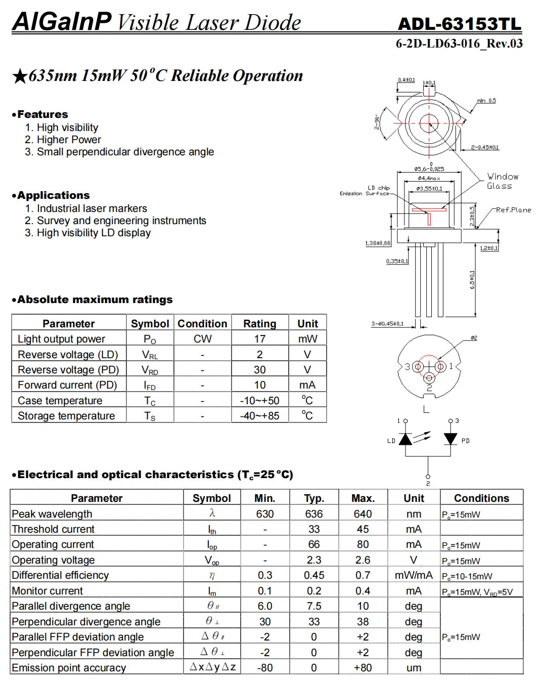 1piece 635nm 5mW RED Laser Diode TO56 N-Type RLD63NPC5 C6 638nm 640nm 10mW 15mW 30mW 50mW 120mW LD185mW GH0631IA2KC