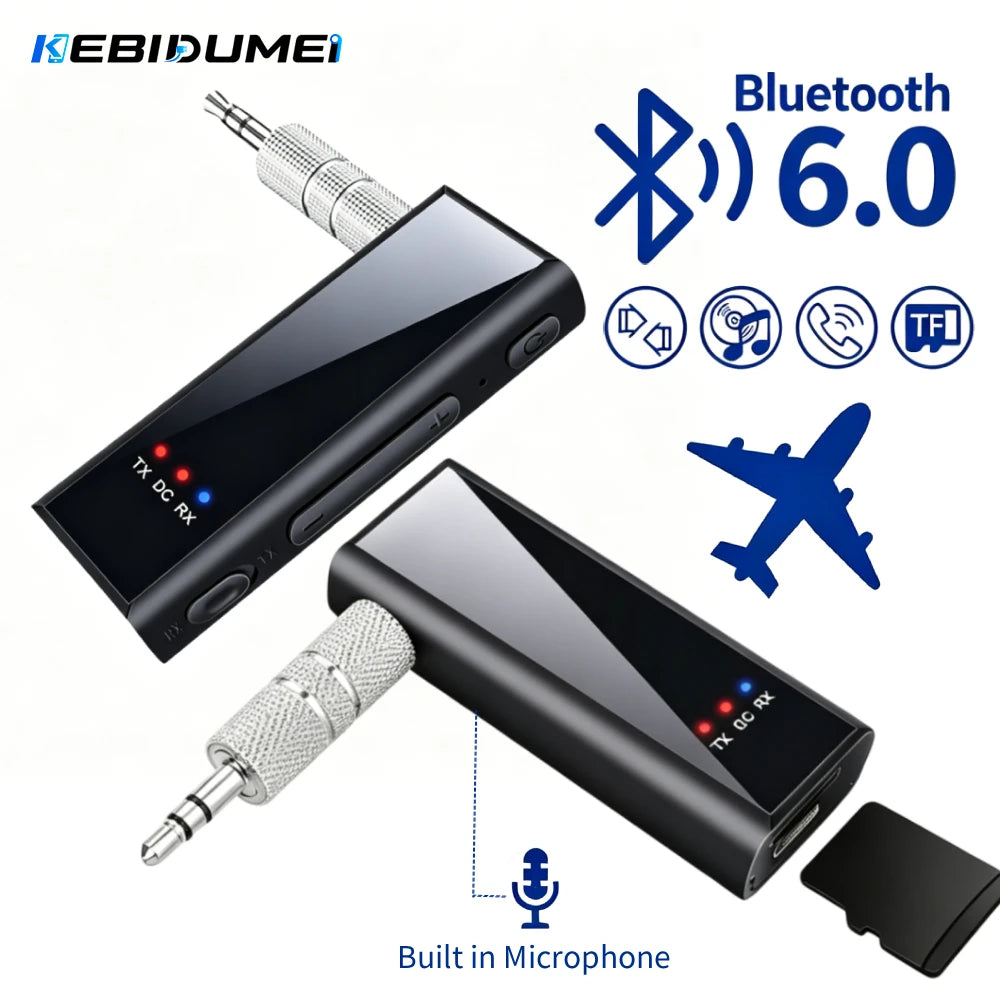 KEBIDUMEI 2 in 1 Bluetooth 6.0 Audio Transmitter Receiver 3.5MM AUX TF Card Stereo Music Wireless Adapter With Mic For Car TV PC