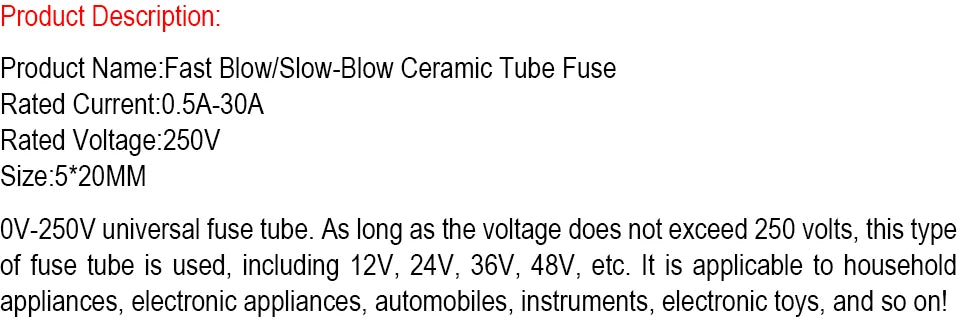 10PCS 5*20MM Fast Blow/Slow-Blow Ceramic Tube Fuse with Lead Wires 0.5A 1A 1.5A 2A 2.5A 3A 4A 5A 6.3A 8A 10A 15A 20A 25A 30A250V