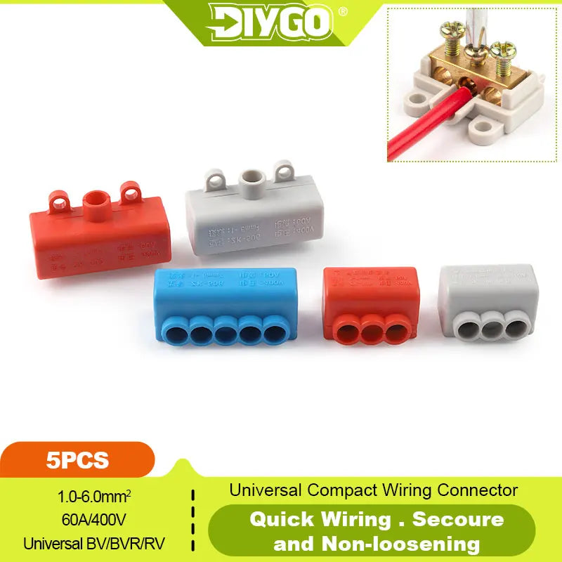 DIY GO 5PCS High Power 1 in 2/4 out Splicing Cable Connector 60A/400V 1-6mm2 Wire Connector Screw lock Terminal Block