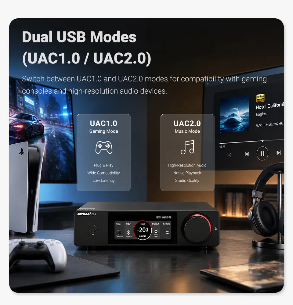 AIYIMA D20 HiFi DAC Decoder AK4493SEQ ES9039Q2M XMOS XU316 USB DSD512 Bluetooth 5.1 LDAC RCA XLR Audio Converter VU Meter