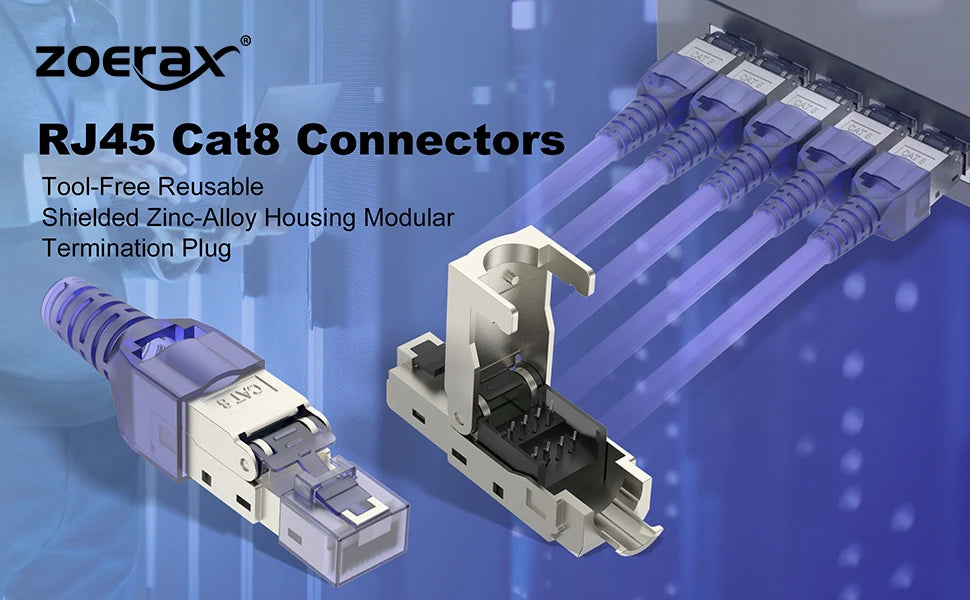 ZoeRax RJ45 CAT8 Cat7 CAT6A Connector Tool-Free, Toolless RJ45 Termination Plug Reusable Shielded for Ethernet Cables 10Gbps POE