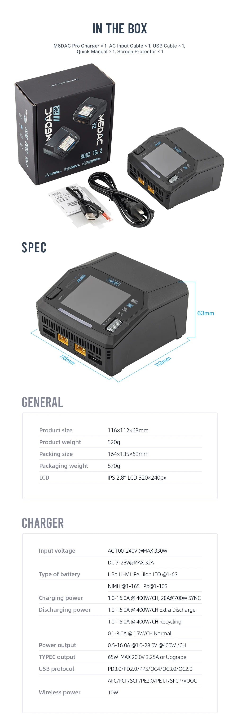 ToolkitRC M6DAC PRO V2 Intelligent Charger Dual Channel AC 200W DC 800W 16A Lithium Battery 1S 2S 3S 4S 5S 6S LiHV Lipo PD65W