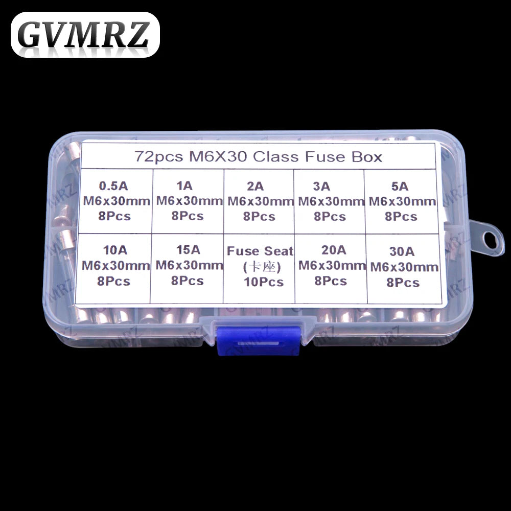 72pcs 6*30MM 0.5A-30A Glass Fuse Tubes 250V Box 0.5A 1A 2A 3A 5A 10A 15A 20A 30A 6x30MM