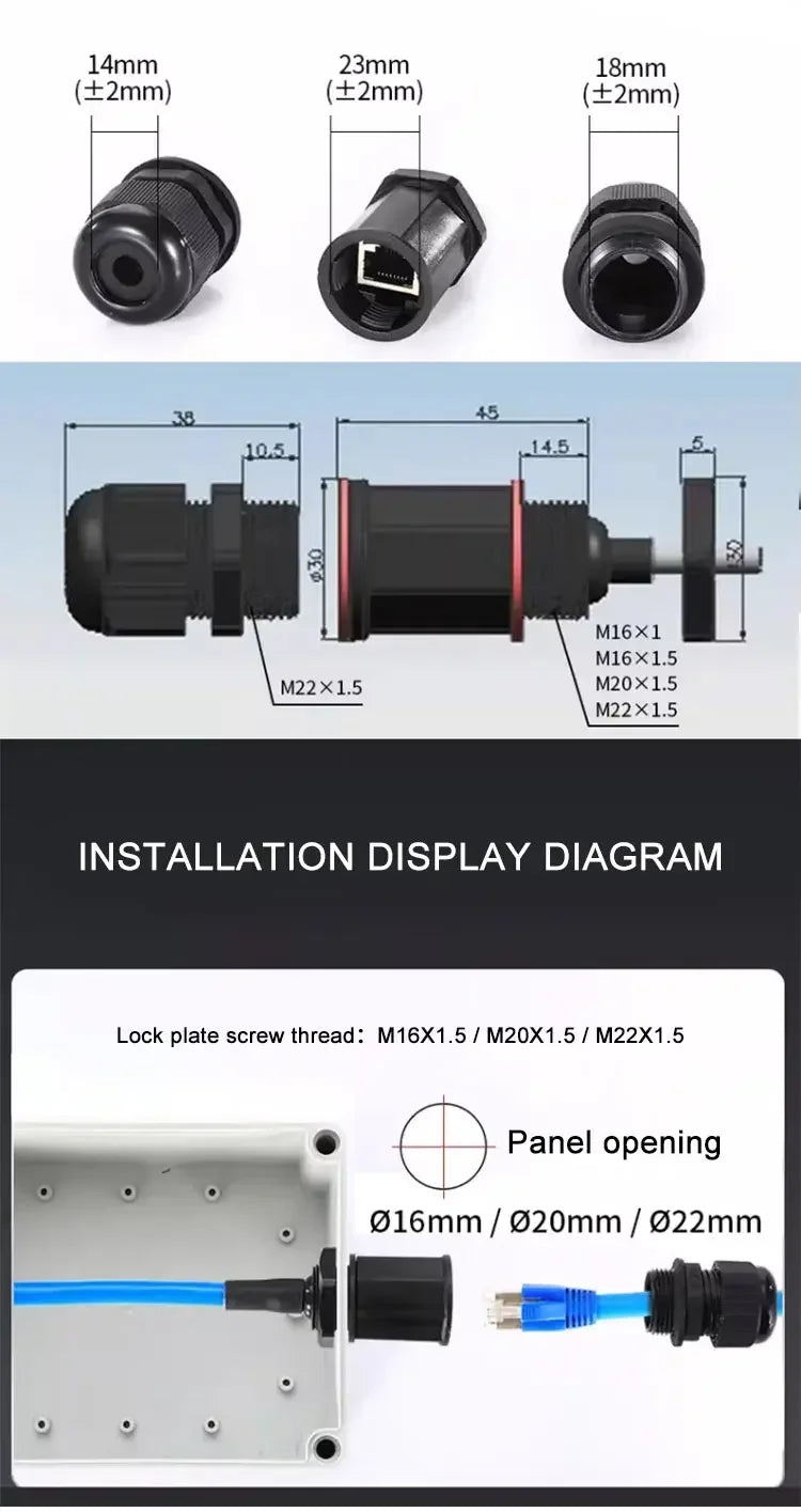 Waterproof RJ45 Network Connector M16/20/22 Cat5e Shield Gigabit Ethernet Line RJ45 DC Crystal Head Outdoor IP68 AP Junction Box