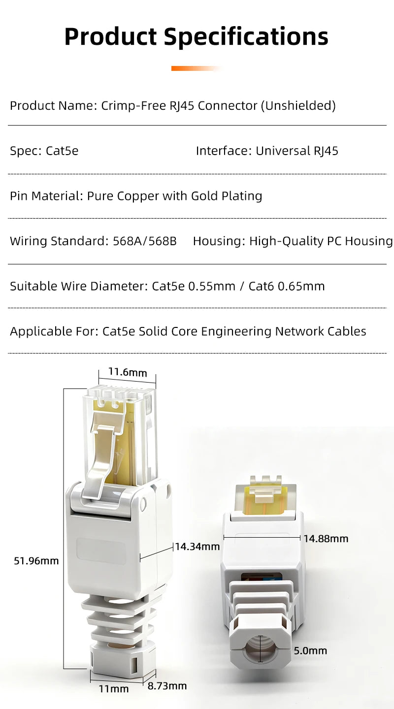 BYXGD Crimp-Free RJ45 Connector Cat5e Toolless Reusable Ethernet Plug Easy Termination Tool-Free Network Cable Head