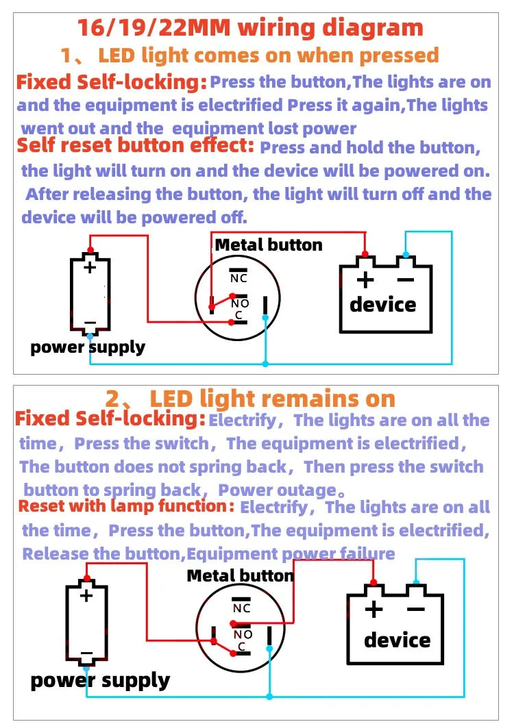 12 16 19 22MM Metal Button Switch LED Light Waterproof Momentary  Self-Locking Car Engine Power Supply 5V 6V12V24V 220V Red Blue