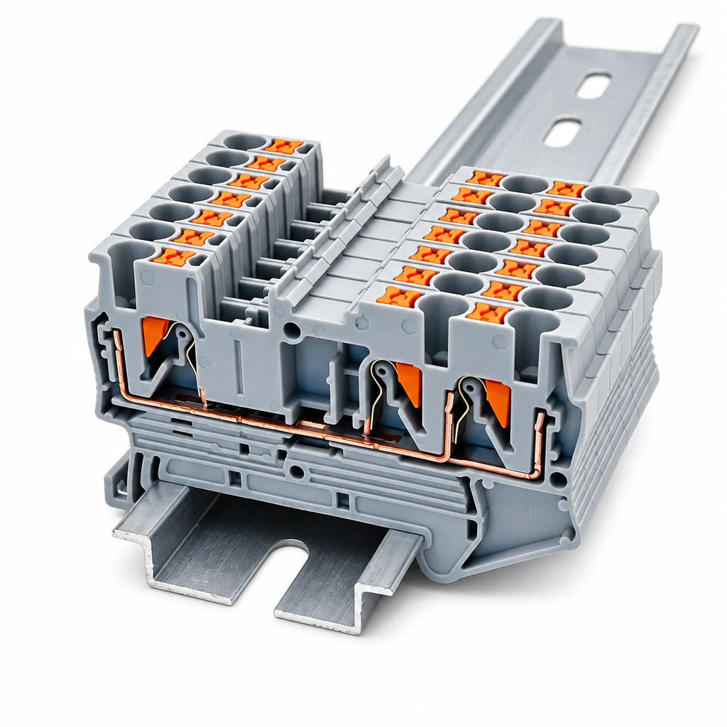 10PCS PT2.5-TW DIN Rail Terminal Block Twin 3-Conductor Feed Through Push In Spring Connector 2.5mm2 NS35 Electrical Wiring