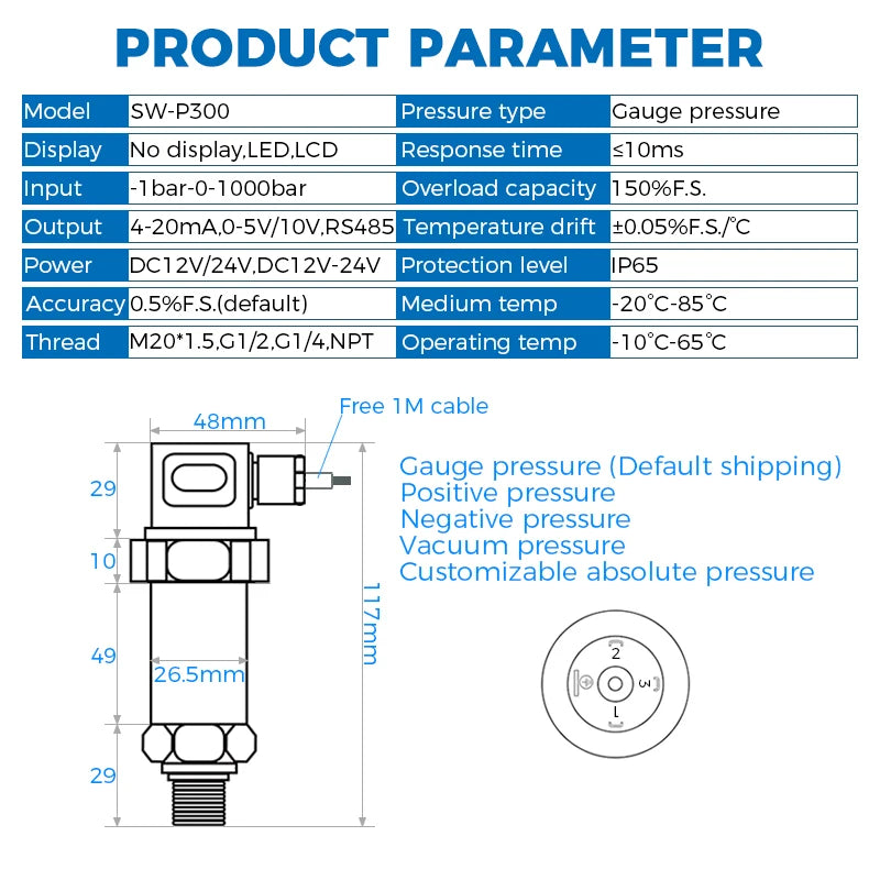 Pressure Transmitter Water Oil Gas Sensor 4 20mA 0-5V 10V RS485 Output D24V Positive Negative Vacuum Gauge Pressure Transducer