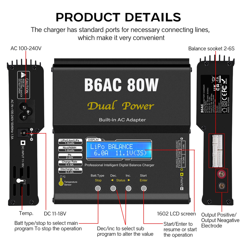 IMAX B6AC 80W RC Charger B6 AC 6A Balance Charger with Digital LCD Screen Li-ion LiFe Nimh Nicd PB Lipo Battery Discharger
