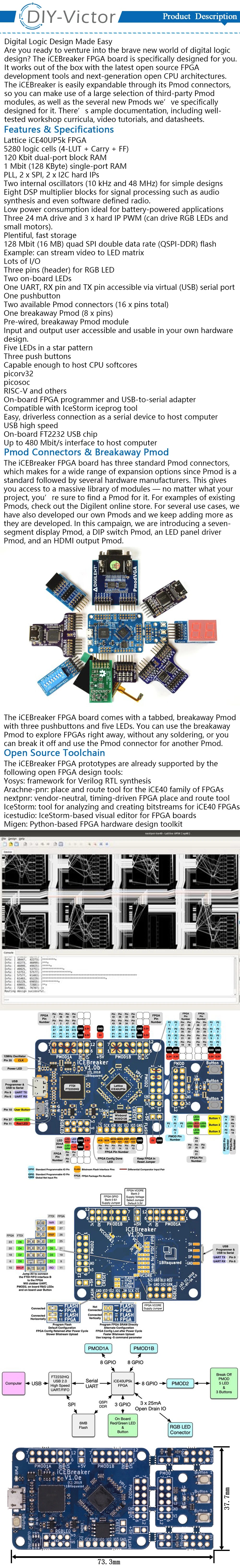 V1.0e FPGA Development Board ICE40UP5k 120 Kbit For Pmod Connectors ICEBreaker