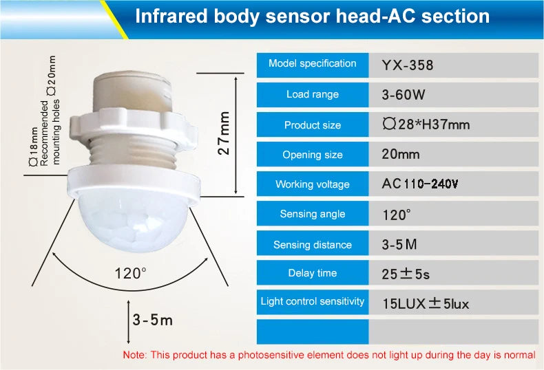 110v 220v Home Indoor Outdoor Infrared Light Motion Sensor Time Delay Home Lighting PIR Switch LED Sensitive Night Lamp