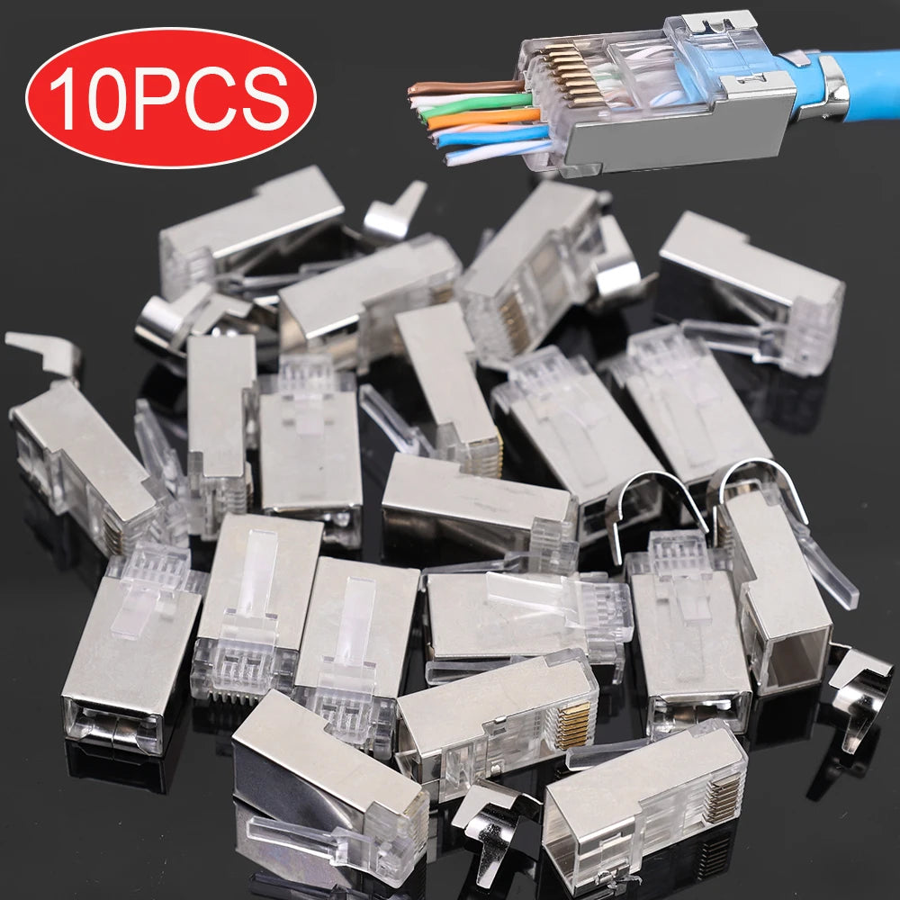 RJ45 CAT5/6/7 Connector 8P8C Modular Plug Adapter Pass Through Modular Plugs Shielded Gigabit Network Crimp Crystal Head
