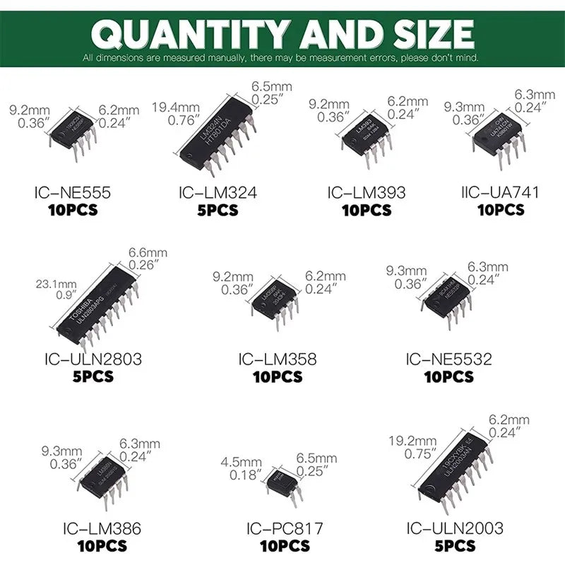 85PCS 10 Types NE555 LM324 LM393 UA741 ULN2803 LM358 LM386 NE5532 ULN2003 PC817 Integrated Circuit DIP IC Combination Chip Kit