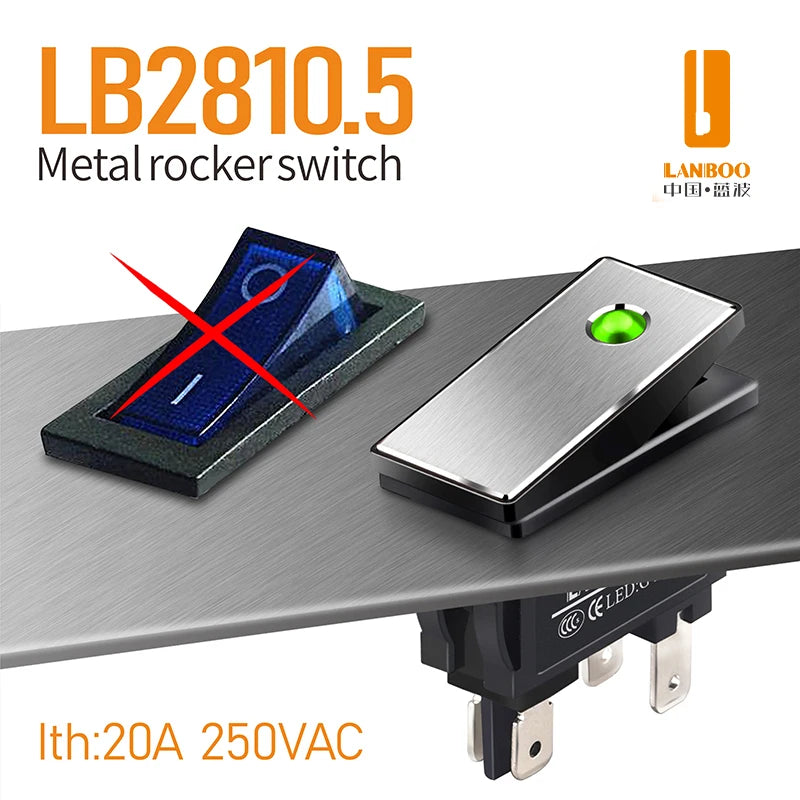 LANBOO High-End Quality Latching  Rocker Switch 20A 16Amp Current Push Button 2no2nc with LED 3-8V/9-24V/220V