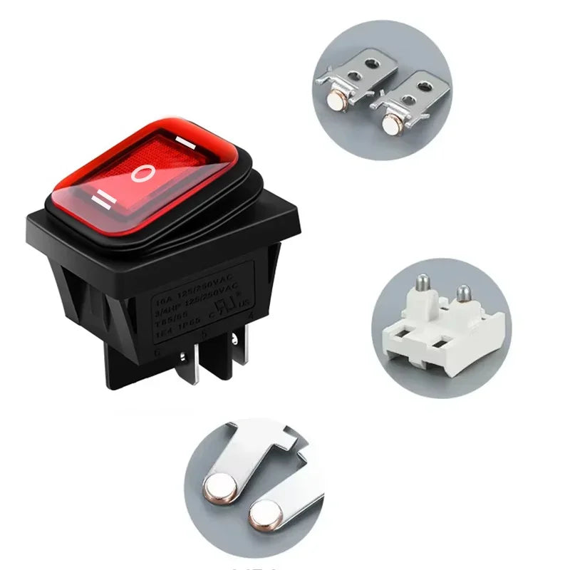 2pcs KCD4 Waterproof Rocker Switch 4 6 Pin Latching 16A 250VAC DPDT ON OFF ON 12V 220V Red Green LED Light Button Switch
