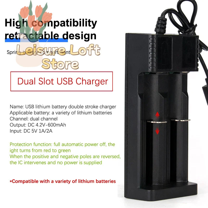 2-Slot Smart 18650 Battery Charger - USB-C Powered Lithium Ion Charger with LED Indicators, Universal Compatibility