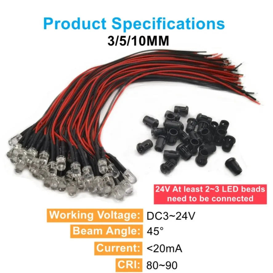 10/20PCS 5mm LED Diode Kit UV Prewired 5V 12 V Light Emitting Indicator RC Lamp Warm White Red Green Blue Yellow Orange Purple P