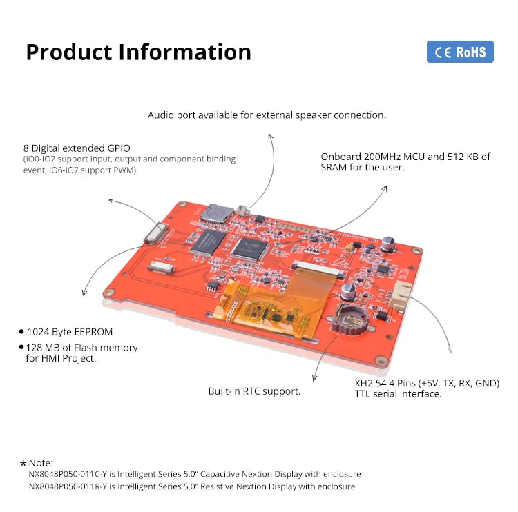 NX8048P050-011C/R Series Smart HMI Touch Display, Capacitive LCD-TFT ouchscreen Resistive 5.0 Inch NX8048P050-011R