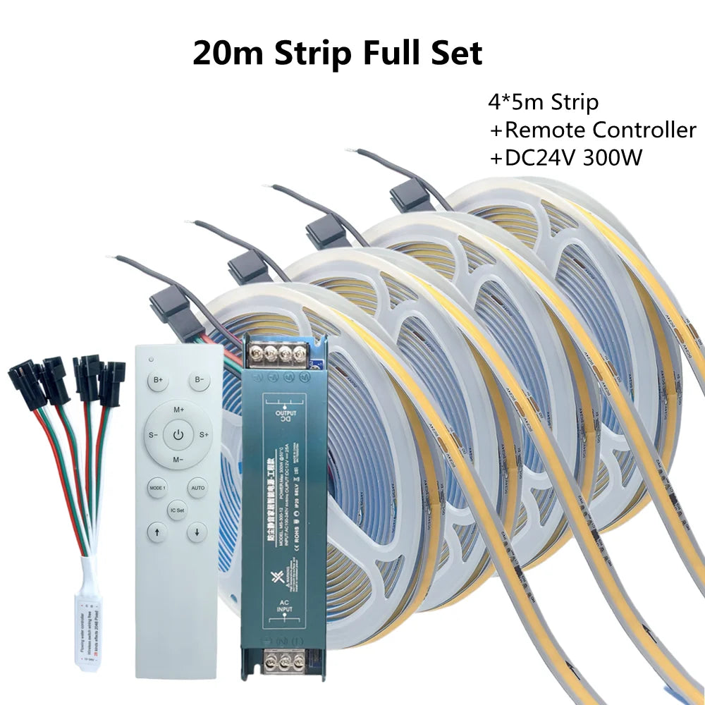 WS2811 COB Running Water Flowing LED Strip Light Horse Race Chasing Tape Wireless Remote Controller DC24V Power 20M 10M Full Set