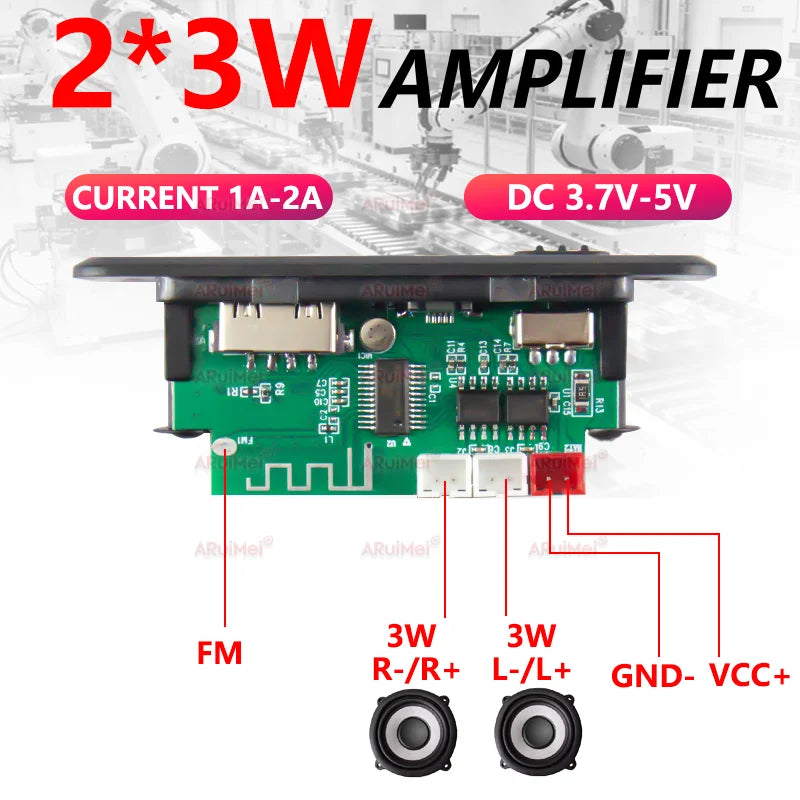2PCS 2x3W Bluetooth 5.0 Mini Amplifier Board with Black Case for FiiO Player, Portable Speaker, DC 3.7-5V USB Power