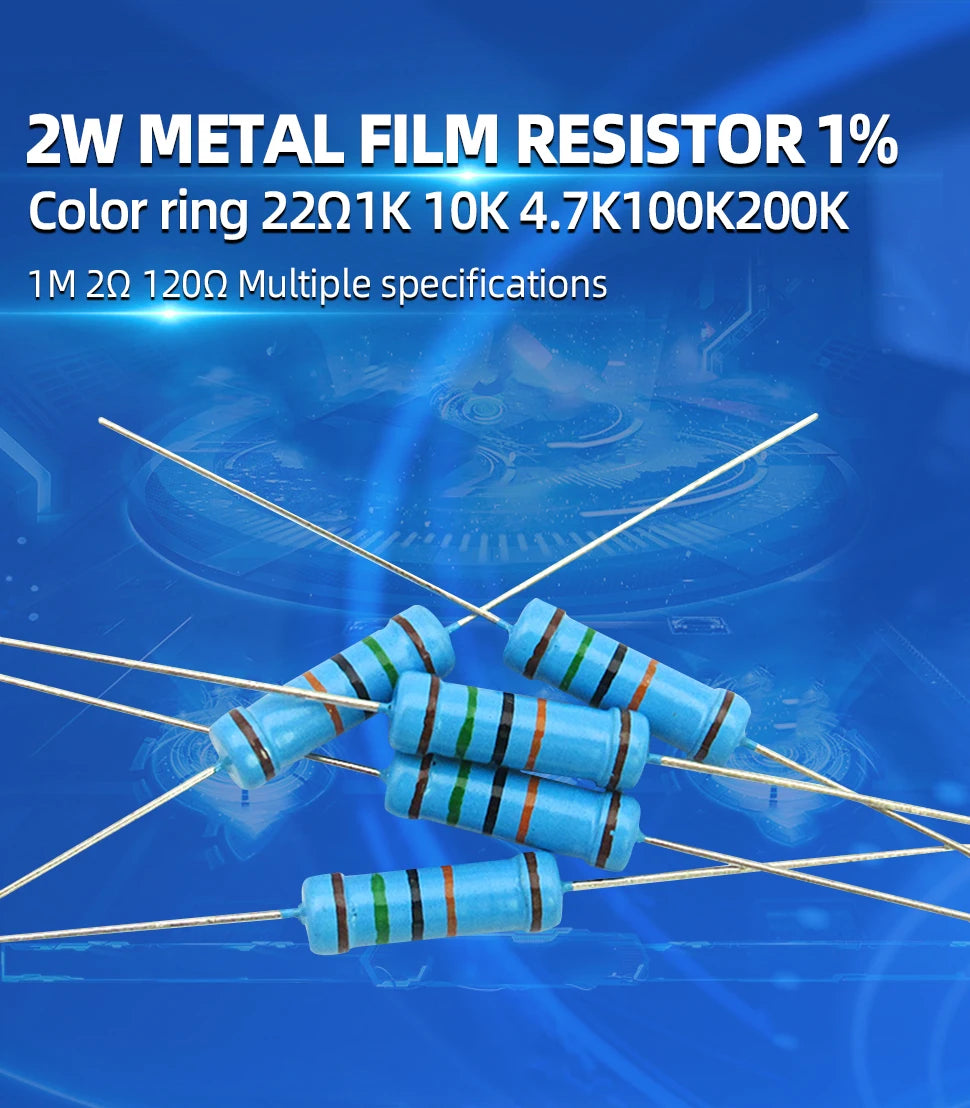 20PCS 2W 1% Metal Film Resistor 2W 1Ω - 4.7MΩ 1 4.7 10 47 100 200 220 300 330 470 680 910 1K 2.2K 4.7K 10K 15K 100K 470K 1M ohm
