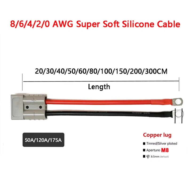 50A 120A 175A Double Pole 600V High Current Plug with 8/6/4/2AWG Silicone Cable Electric Forklift Plug Quick Charging Connector