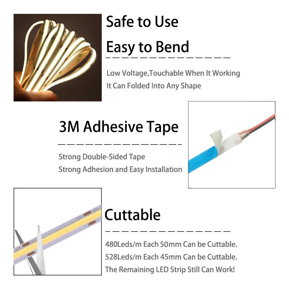 COB LED Strip Light Linear 8/10mm 480/528Leds/m soft Tape Warm Natural White Red Blue Green led lamp DC12/24V