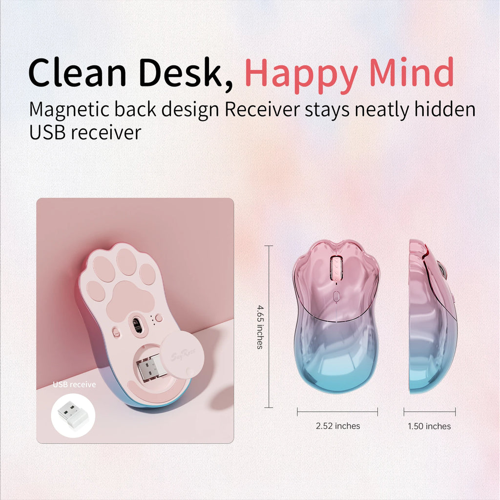 SayRose MO‑76 Cute Cat Paw Wireless Mouse 2.4G Bluetooth 5.0 Dual Mode 4‑Level DPI 800‑3200 Rechargeable Type‑C Mice for Laptop PC Mac Office Girl Gift