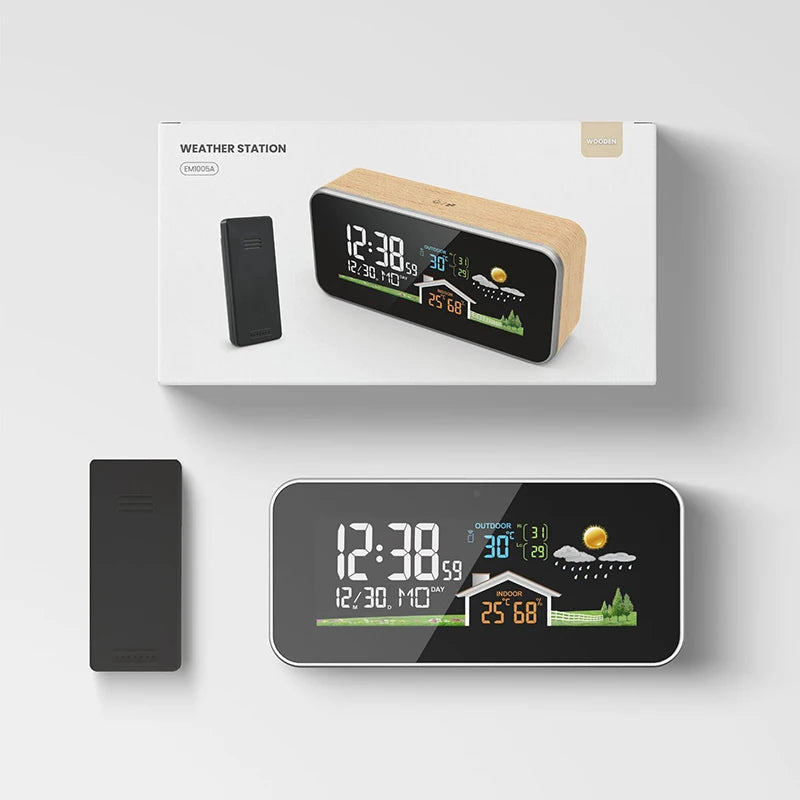 Wireless Weather Station Wooden Alarm Clock Digital Thermometer Humidity Temperature Wireless Sensor Home TimeWatch Desktop