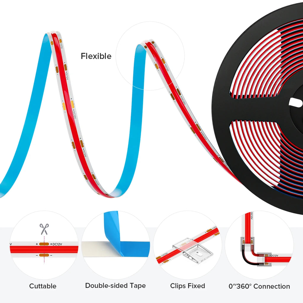 FCOB LED Strip 12V Flexible 5mm 8mm Width High Density Blue White Red Green Pink Yellow Flexible Dimmable RA90 Cob LED Strip