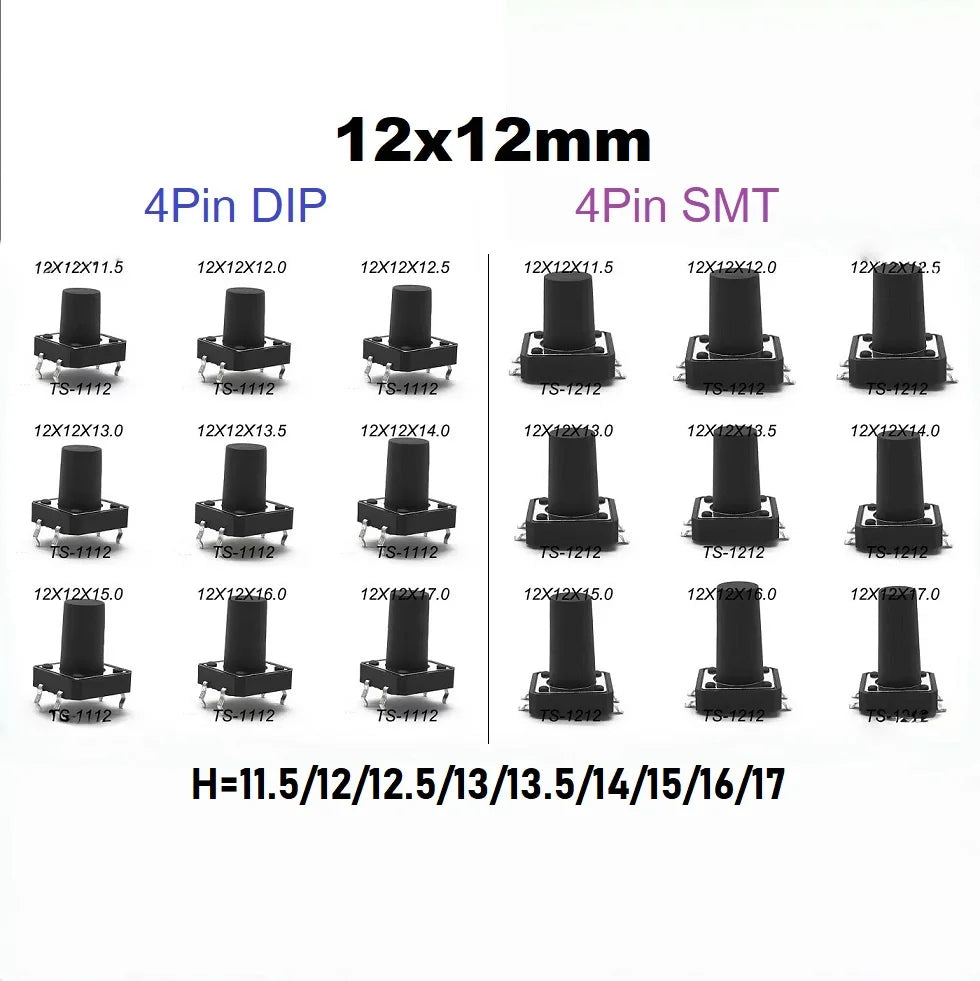 10-Piece 12X12mm H=11.5/12/12.513/13.5/14/15/16/17MM 4PIN DIP SMT Momentary Tactile Tact Switch Push Button Key Button Black