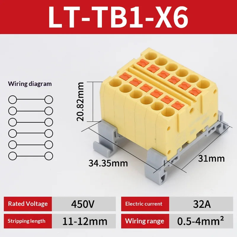 Push-in Terminal Block Multiple In Out Terminal Quick Connection of Wires Din Rail Wire Connector Universal Junction Box TB1-X6D