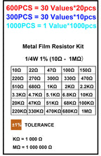 600/300PCS 1/4w Metal Film Resistor 30 Values Resistance Kit 10R-1M 150R 680K 0.25W 1% Resistors Set