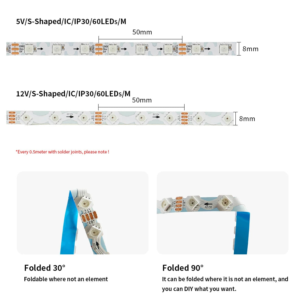 WS2812B WS2815 S-Shape Individually Addressable LED Strip Light 60LEDs/m Smart RGBIC Dream Color S Bendable 8mm Pixels Tape Bar