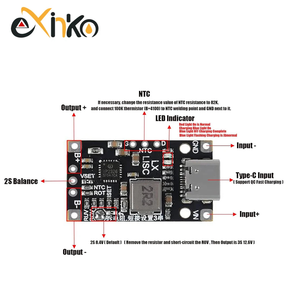 2S 3S Type-C USB BMS 15W 8.4V 12.6V 1.5A Lithium Battery Charging Boost Module With Balanced Support Fast Charge With Indicator
