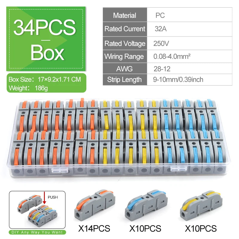 Boxed 34PCS Lever Quick Home Wire Connectors Terminals Conductor Spliceable Butt Wiring Block Reusable Electrical Connectors