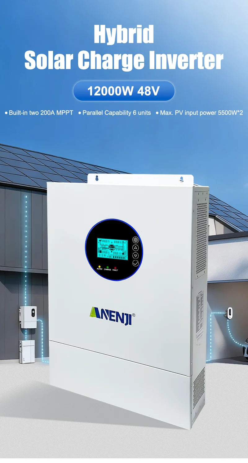 ANENJI Split Phase 12KW 48V Hybrid Solar Inverter Parallel Inverter Pure Sine 120V 220V On Grid MPPT 200A Solar Charger PV 500V