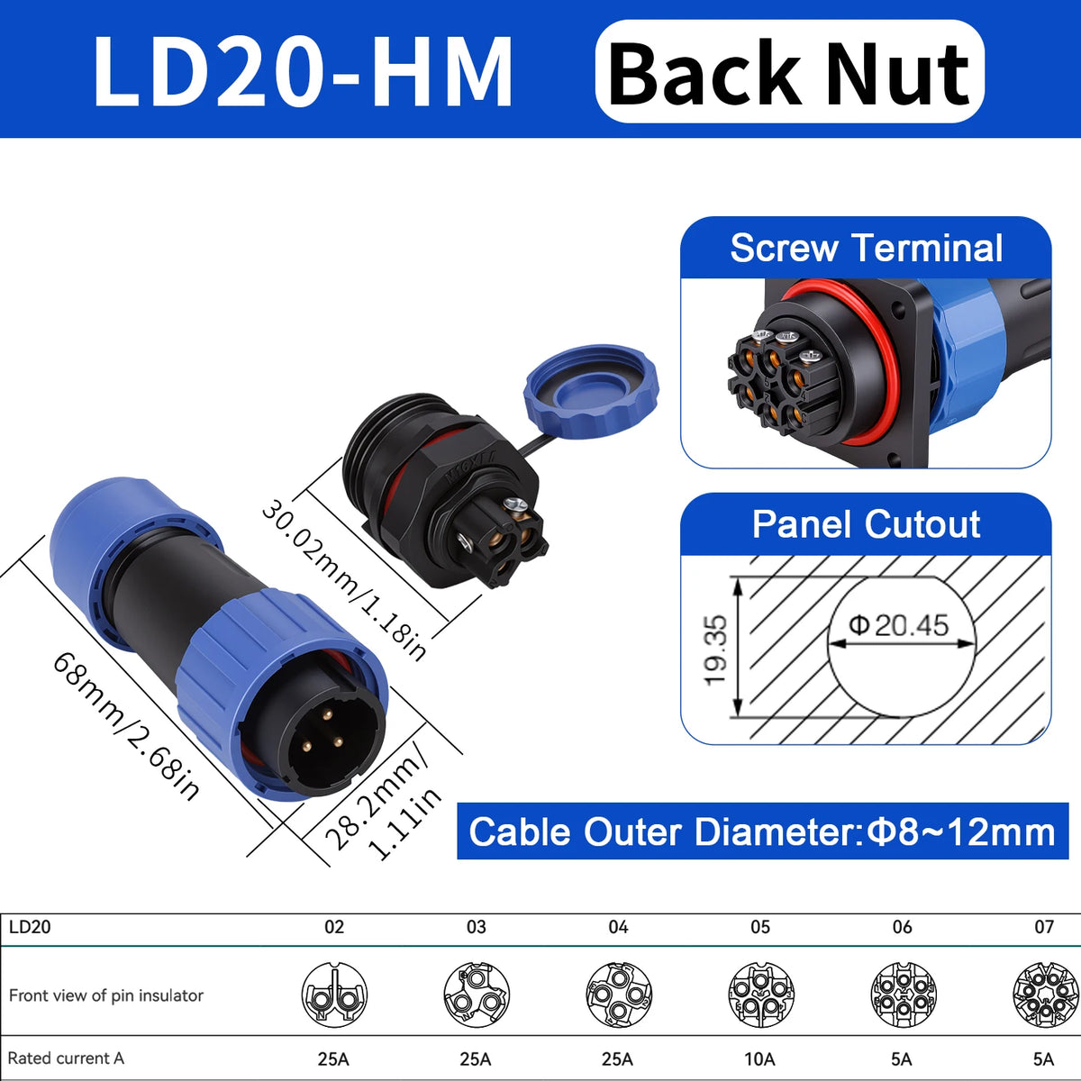 Waterproof IP68 Aviation Plug LD20-2/3/4/5/6/7 Pin No-welding Screw crimp Wire cable Connector Male Plug and Female Socket