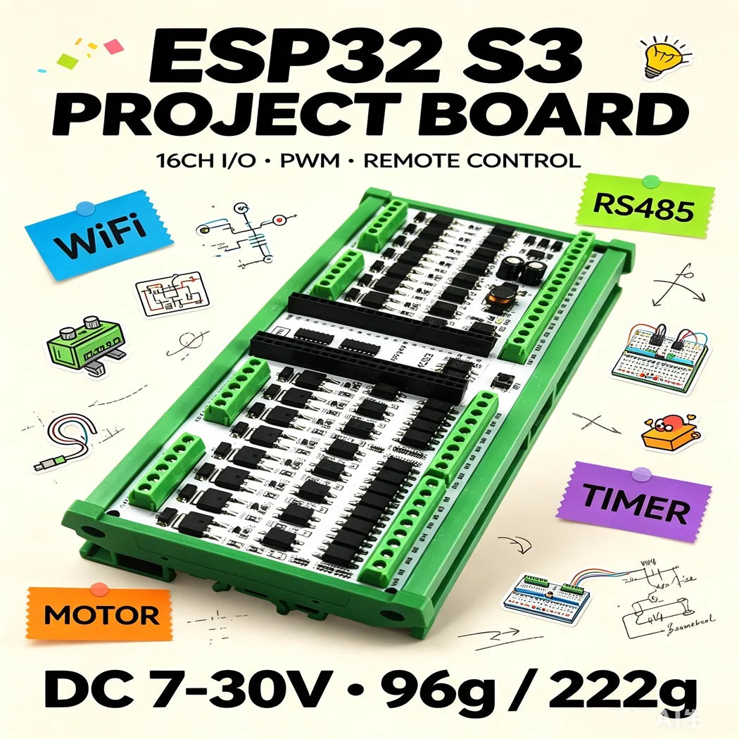 DC7-30V ESP32 Expansion Board 16CH Opto Isolated NPN Input 16CH 3A MOS PWM Output RS485 DIN Rail Optional Controller