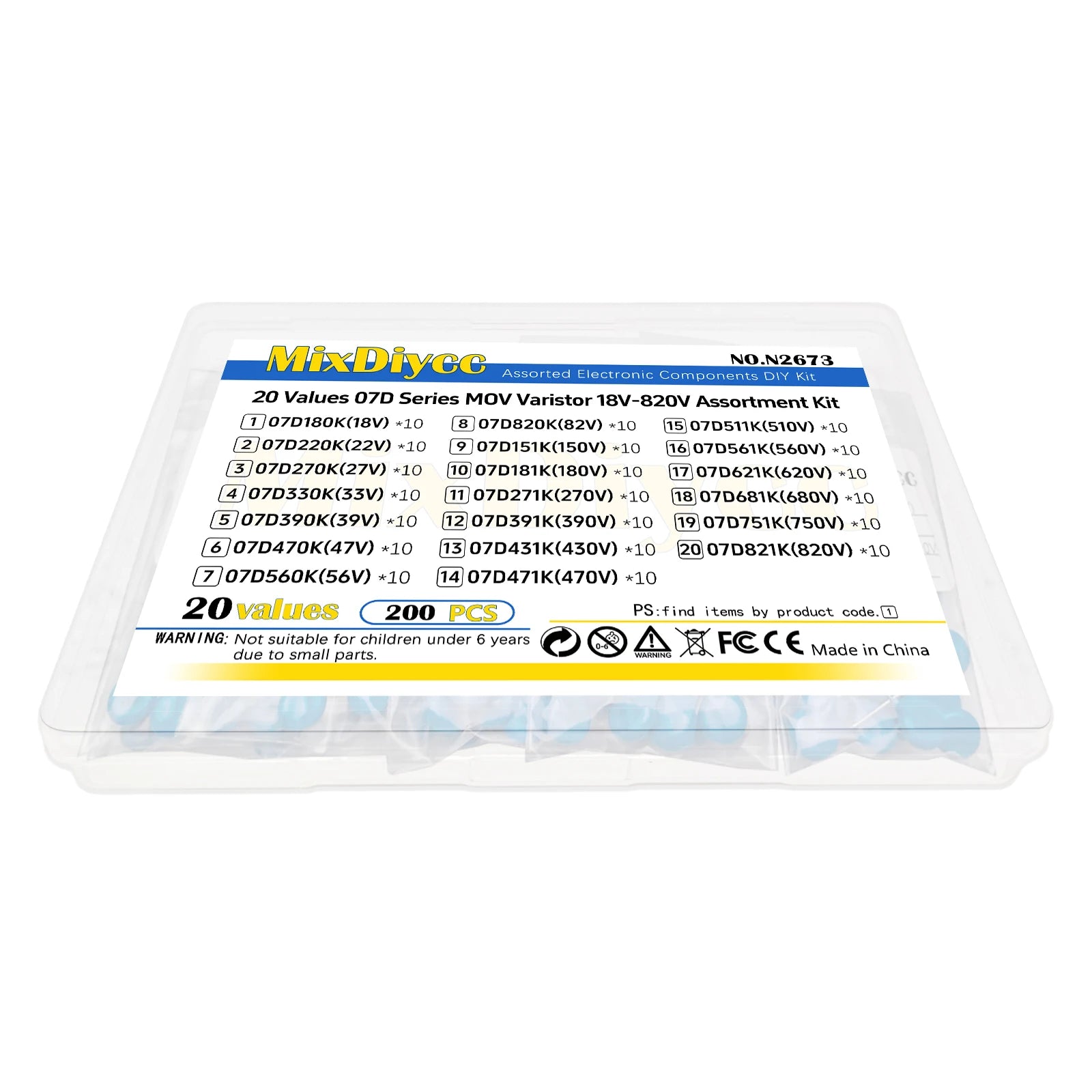 20 Values 07D Varistor Kit 18V-820V piezoresistor resistor 390K/470K/820K/181K/271K/391K/431K/471K/561K/621K/681K/821K 200 Pcs