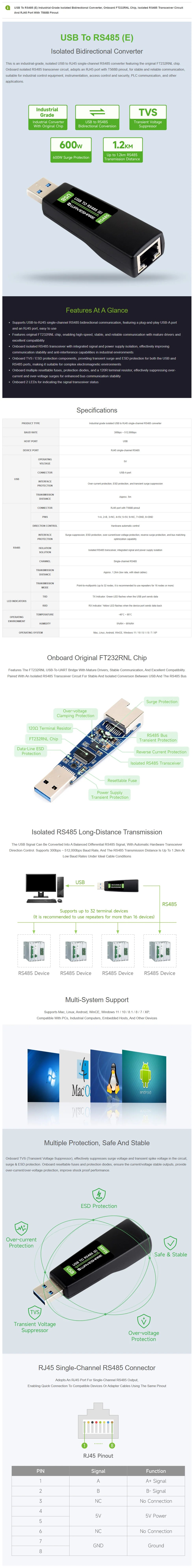 Waveshare USB To RS485 (E) Industrial-grade Isolated Bidirectional Converter, Onboard FT232RNL Chip, Isolated RS485 Transceiver