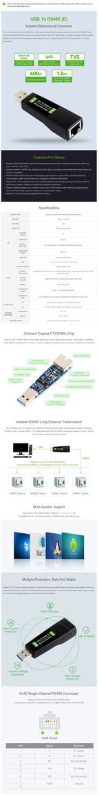Waveshare USB To RS485 (E) Industrial-grade Isolated Bidirectional Converter, Onboard FT232RNL Chip, Isolated RS485 Transceiver