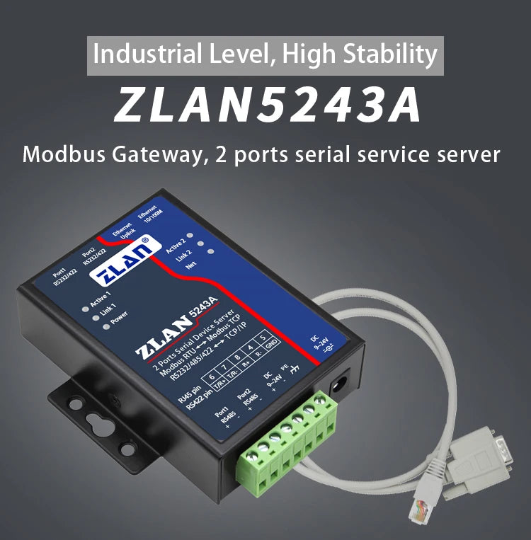 ZLAN 5243A 2 ports RS485 to Ethernet RJ45 TCP IP Modbus RTU Gateway multi master serial device rs232 to ethernet