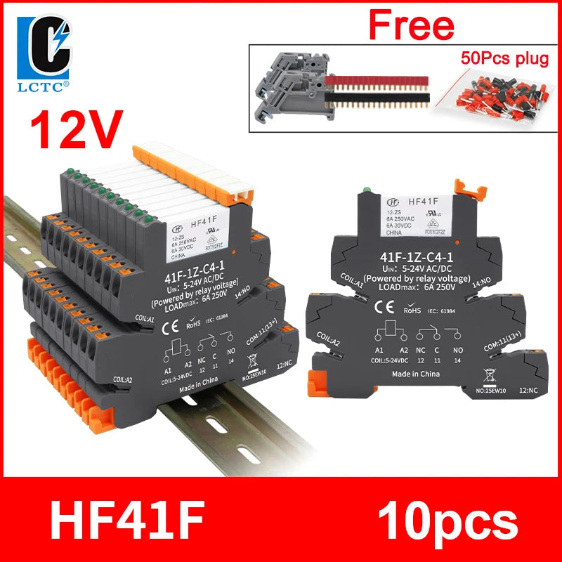 10pcs Slim Relay 5V 12V 24V DIN Rail Mounted Relay Moudle HF 41F SSR 30VDC 250VAC High Frequency Interface Relay With Led 6A