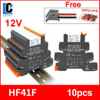 10pcs Slim Relay 5V 12V 24V DIN Rail Mounted Relay Moudle HF 41F SSR 30VDC 250VAC High Frequency Interface Relay With Led 6A