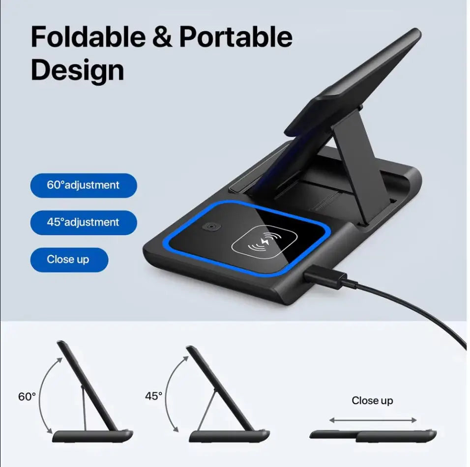 Fast Wireless Charger Charging Station 3-in-1 with Foldable Stand for Samsung iPhone 17 16 15 18 14 13 12 Apple Watch 9 8 7 Airpods, Professional for Xiaomi Huawei Type C Data Cable