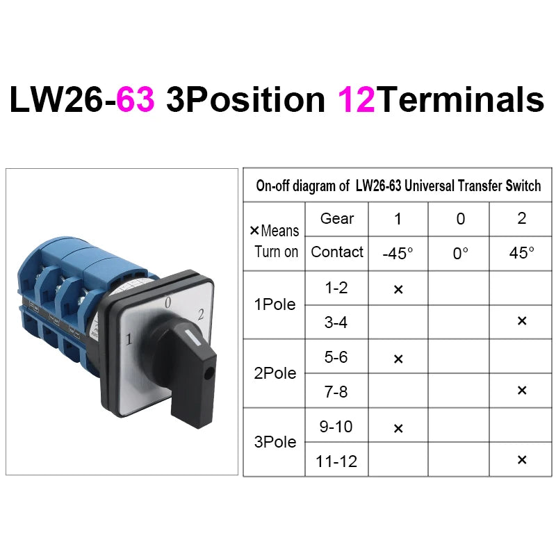 OMCH 1PCS Silver Contact LW26-20/32/63 Universal Switch 3 Position 1-0-2 1/2/3/4 Poles 440V 4/8/12/16Terminals Rotary Cam Switch